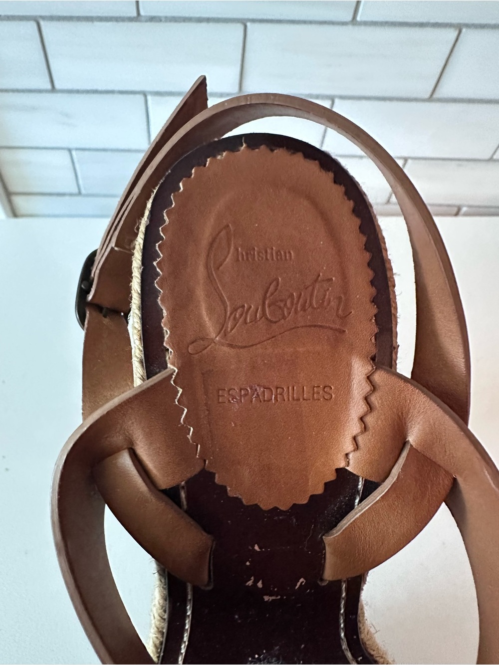 Christian Louboutin Tan Leather Espadrille Platform Wedge Sandals - Picture 3 of 6